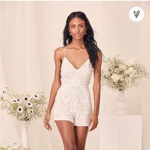 Lulus Catch a Spark White and Beige Sequin Romper Medium NWT Brand New